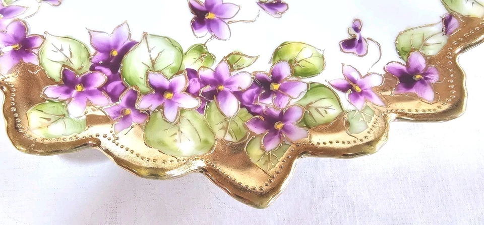 Folha de bordo antiga Nippon roxa violeta ouro 22k com miçangas pintadas à mão c-1891-1910 - Imagem 2 de 4