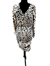 Animal print dress sze10 by Quiz bodycon vneck stretch long sleeve ruched sides