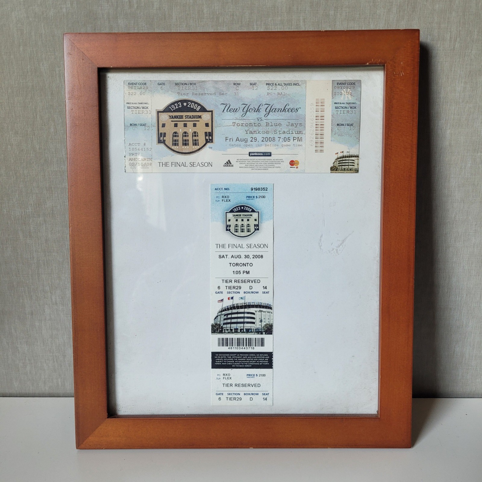 Yankees Ticket Stubs Final Season 2008 Blue Jays Wood Frame Excellent Sports Art