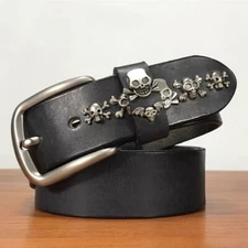 Skull Rivet Studded Metal Unisex Punk Rock Biker Belt Real Leather Waist Belt
