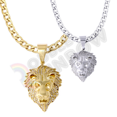 Lion King Head Leo CZ Men's Stainless Steel Pendant Necklace Cuban Chain*P164