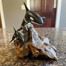 Large John Perry Studio Orca Killer Whale & Calf Burl Wood Art Sculpture Ocean