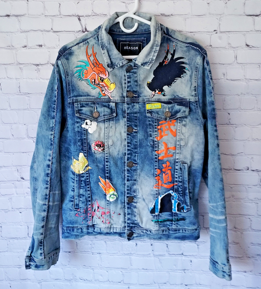 Reason Womens Size Large Blue Denim Jacket Art to Wear Embroidered