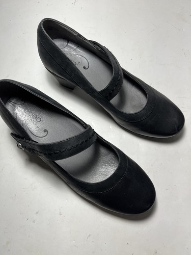 Abeo Rebeka Leather Mary Jane Heels Shoes 8N Black Adjustable Strap Arch Support