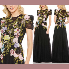 NEW $998 Mac Duggal [ 14 ] Embroidered Floral Short Sleeve Gown Black #G1942
