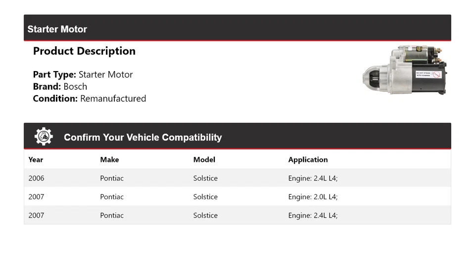 Arranque para Pontiac Solstice Bosch 2006-2007 (remanufacturado) Foto 2 de 4