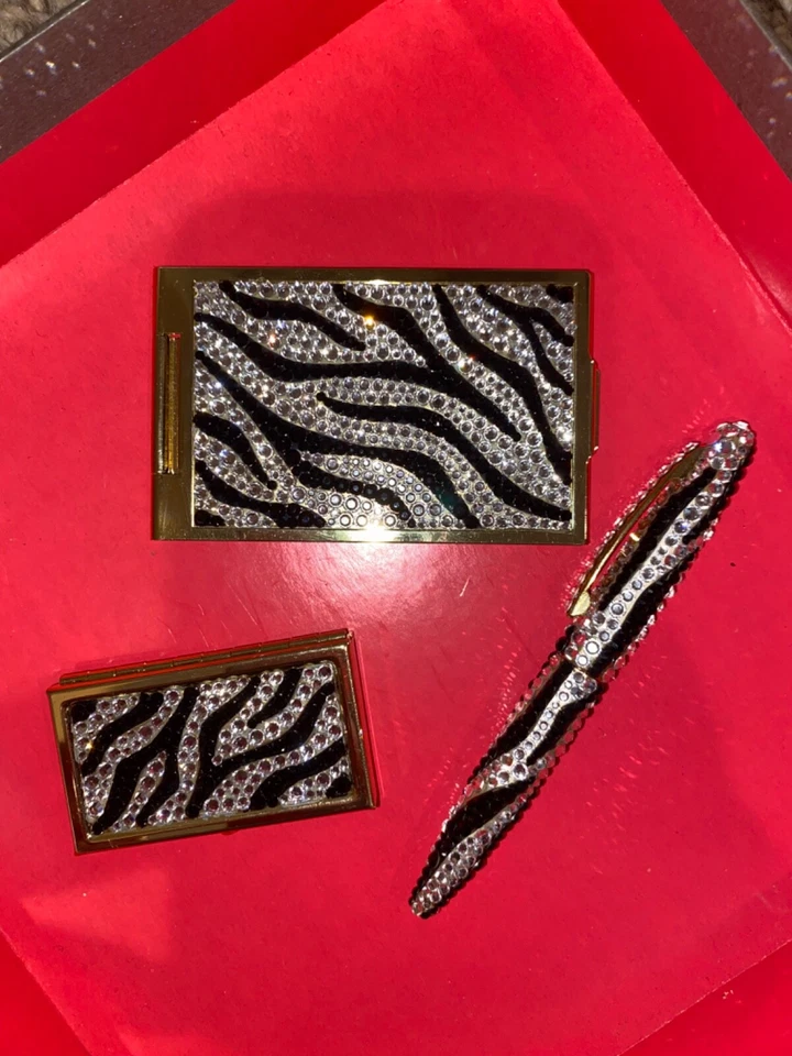 Espejo compacto Judith Leiber negro transparente cristal de Swarovski cebra bolsillo delgado nuevo con etiquetas Foto 4 de 4