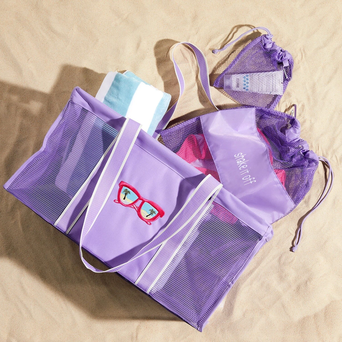 Personalized Large Purple Mesh Tote Bag with White Thread Embroidery (1  Piece(s))