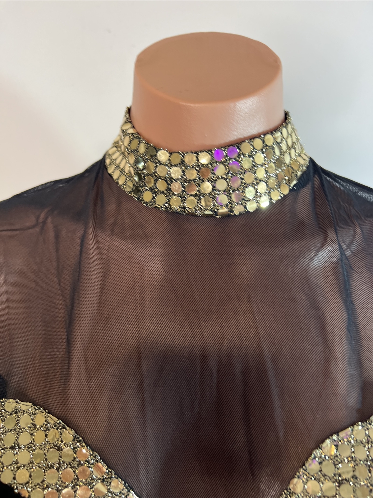90s Mesh Plunge Neck Sequin Rare Sexy Y2K LONG DRESS BLACK GOLD VINTAGE Gown S image 7