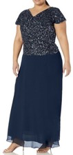 J Kara Women's Plus Size Long Beaded Cowl Neck Gown Dress Size 16W Navy
