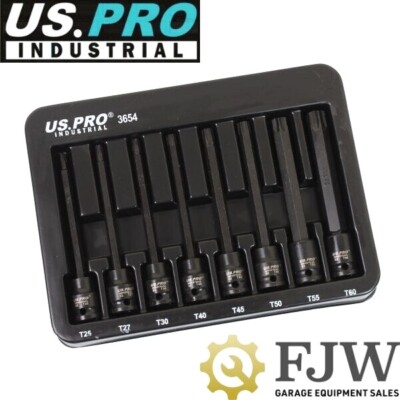 US Pro Tools 3/8 Impact Torx T-Star Bit Steckschlüsselsatz extra lang S2 Stahl T25-T60