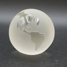 Vintage World Globe Earth Paperweight Etched Frosted Crystal Glass Clear 3" in.