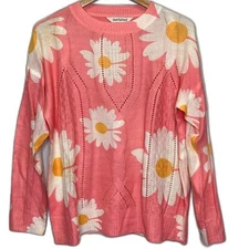 Davi & Dani Daisy Print Crew Neck Loose Knit Top Size Small Open weave knit