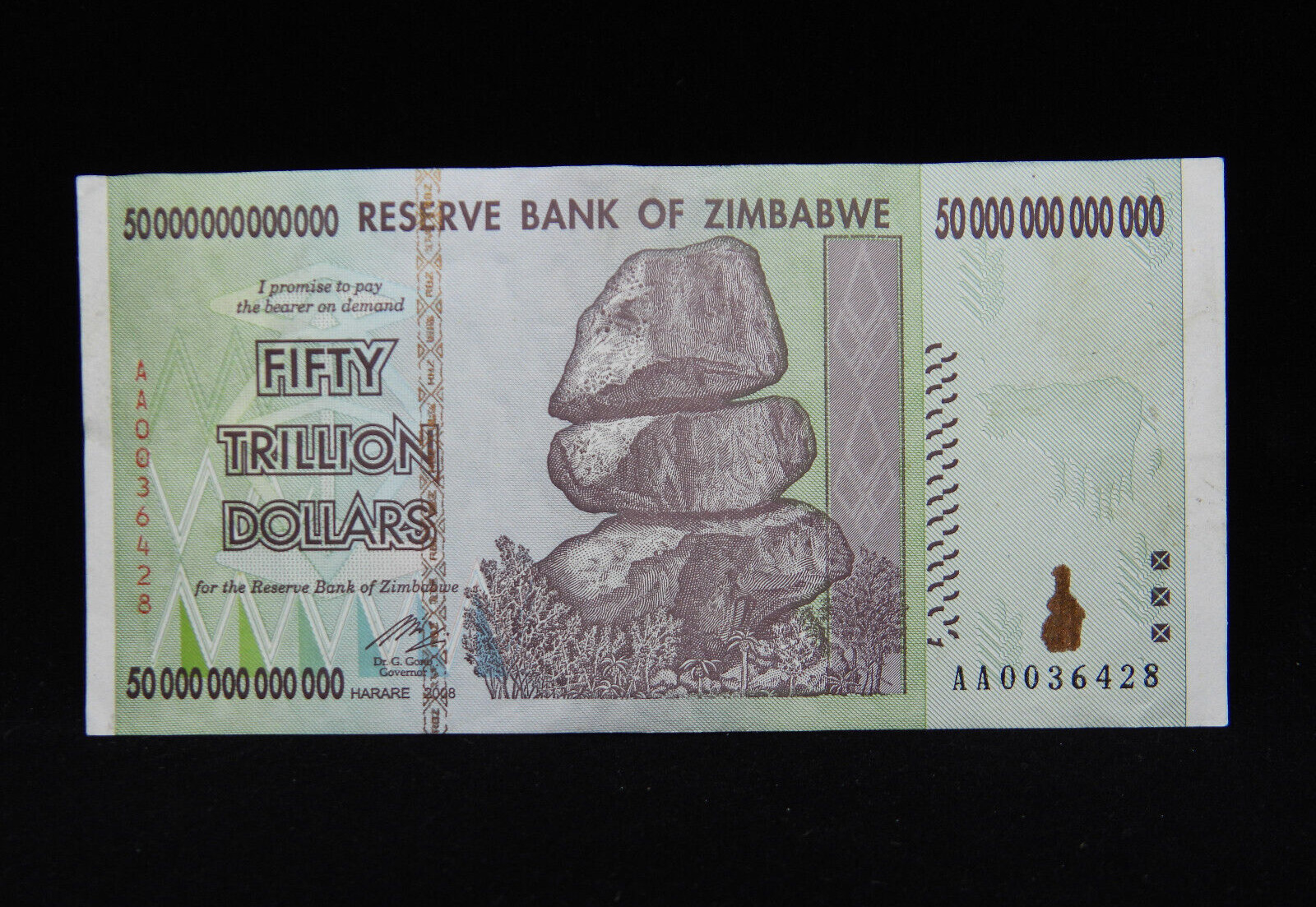 2008 Fifty Trillion Dollars Reserve Bank of Zimbabwe AA0036428 Banknote EF-AU