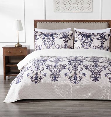 Chloris 3pcs Per-Washed Quilt Set Ivory Navy Floral Medallion Bedspread Coverlet