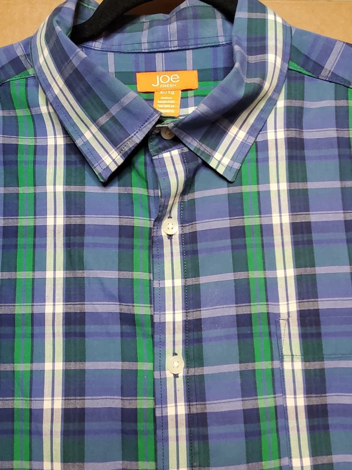 Camisa Joe Fresh Para Hombres Manga Corta Botón Extra Grande Azul Verde Algodón a Cuadros Foto 3 de 4