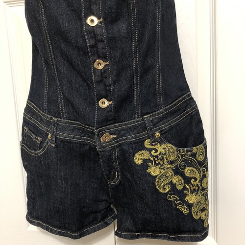 G Unit Jean Shorts Jumper Size 7 Blue Pocket Belt loops Zipper Buttons Tube Top - Picture 2 of 8