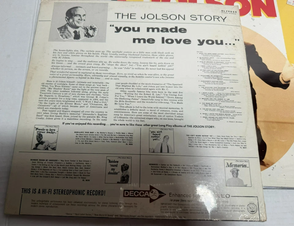 Lot 3 Al Jolson Vinyl LPs Jolson Story/Singing Fool/World's Greatest Entertainer - Image 4 of 4