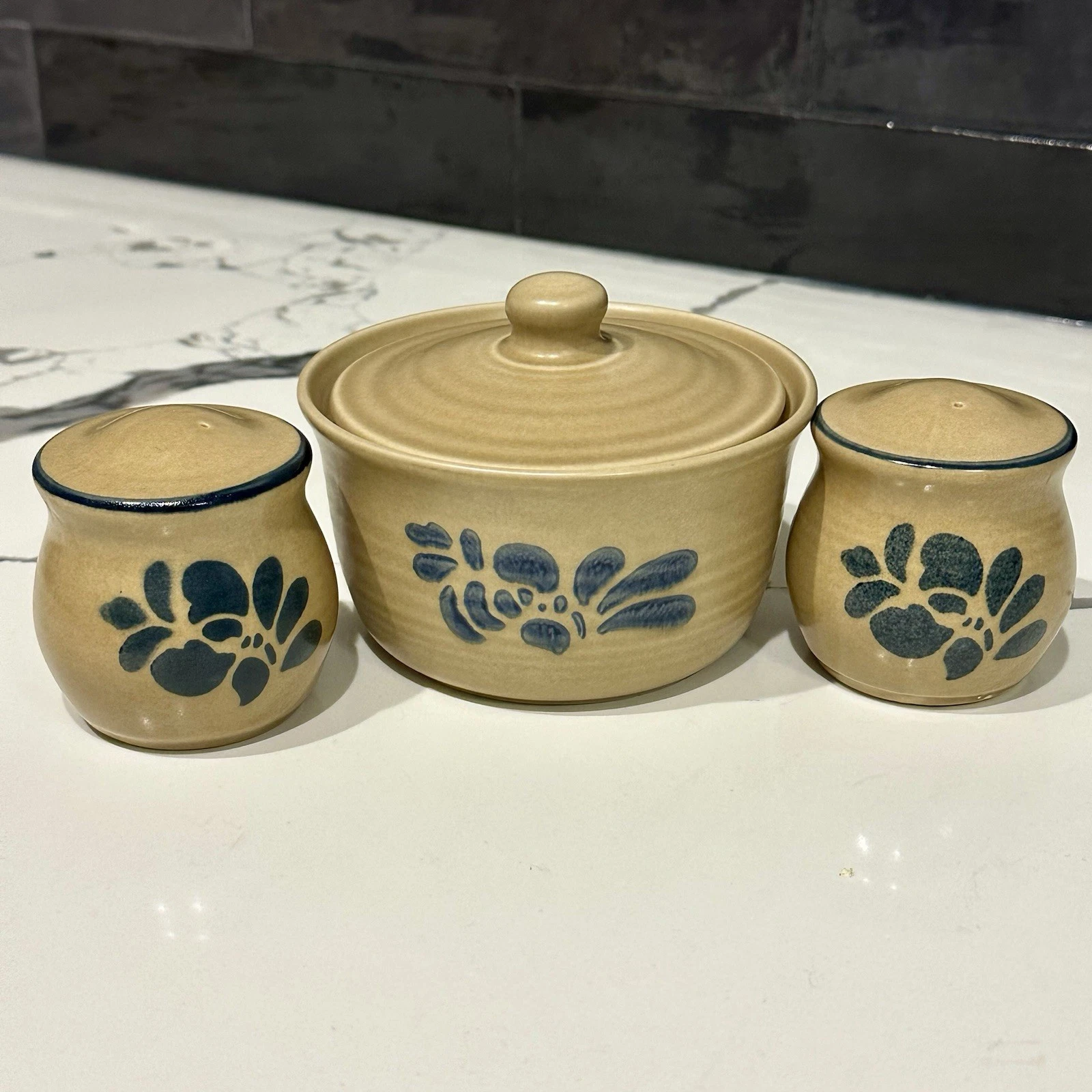Pfaltzgraff “Folk Art” Butter Tub W/Lid & Salt & Pepper Shakers, Made in USA