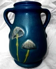 WELLER ART POTTERY 1905 FRU RUSSET   3 MUSHROOM VASE  CURDLED BLUE  ARTS CRAFTS