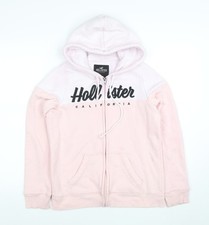 Hollister Women Pink & White Full Zip Hoodie Small Cotton Blend