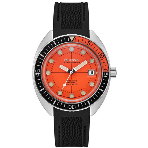 Bulova Men's Watch Devil Diver Oceanographer Automatic Orange Dial Strap 96B350