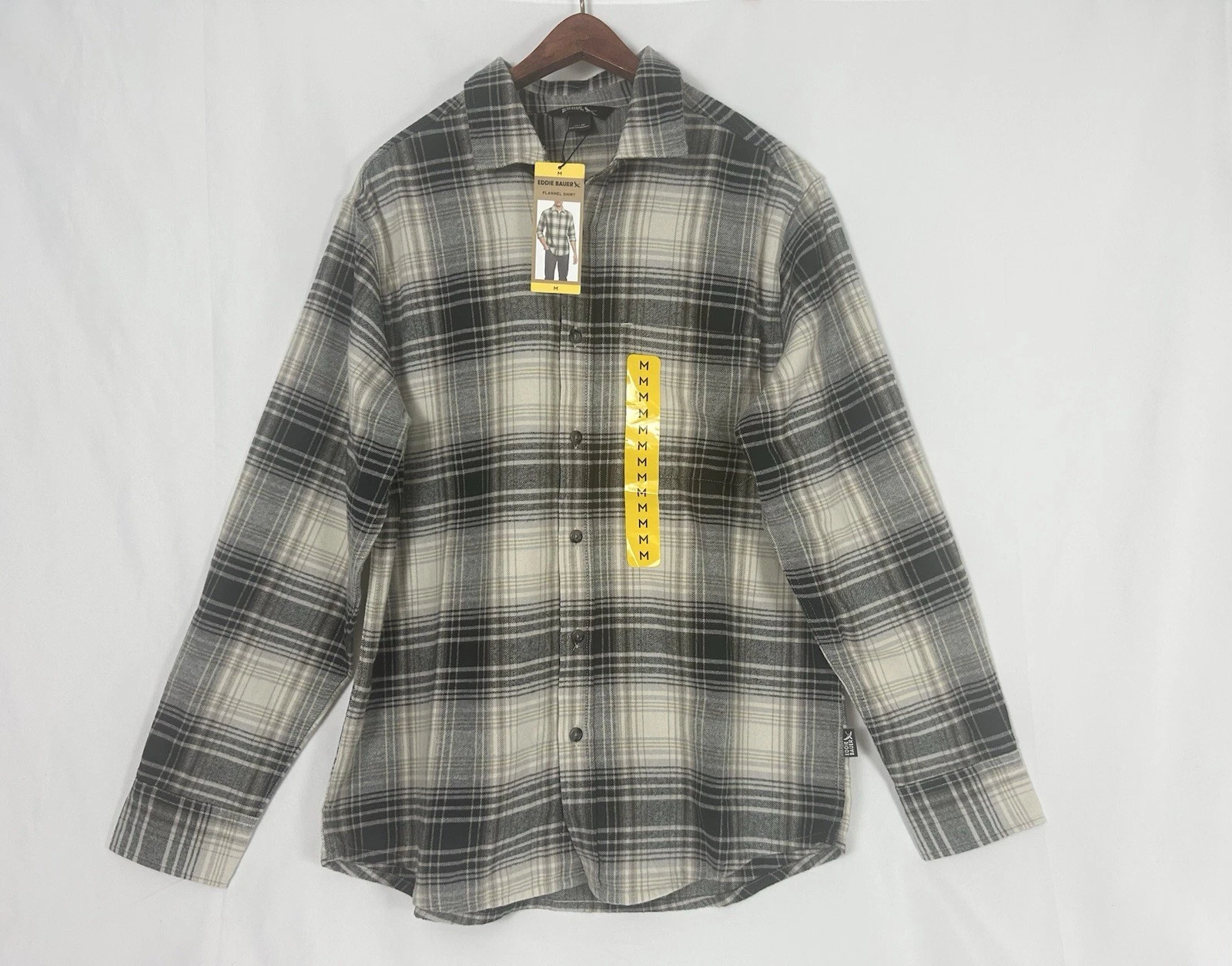 Eddie Bauer NWT Black Gray Plaid Flannel Button Down Shirt Mens M