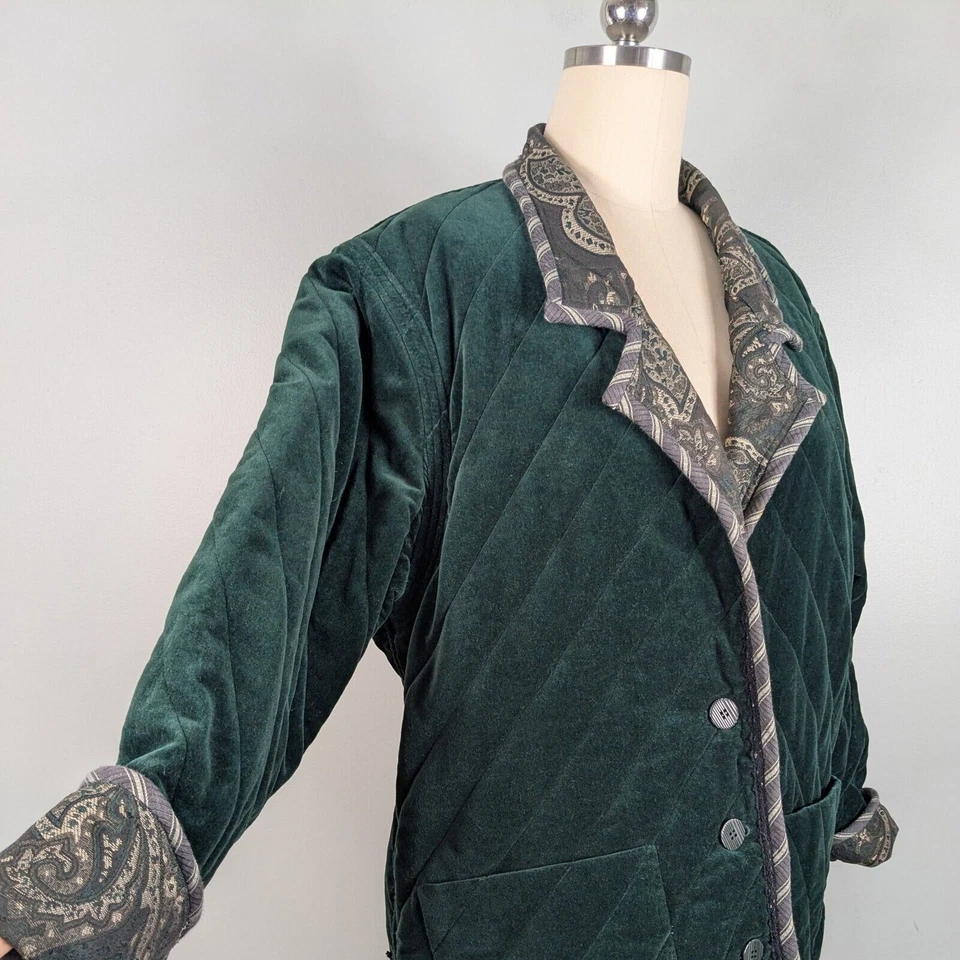 Velvet Reversible Jacket Womens L Green Tapestry Quilted 90s Y2K Vtg Whimsigoth - Image 4 of 4