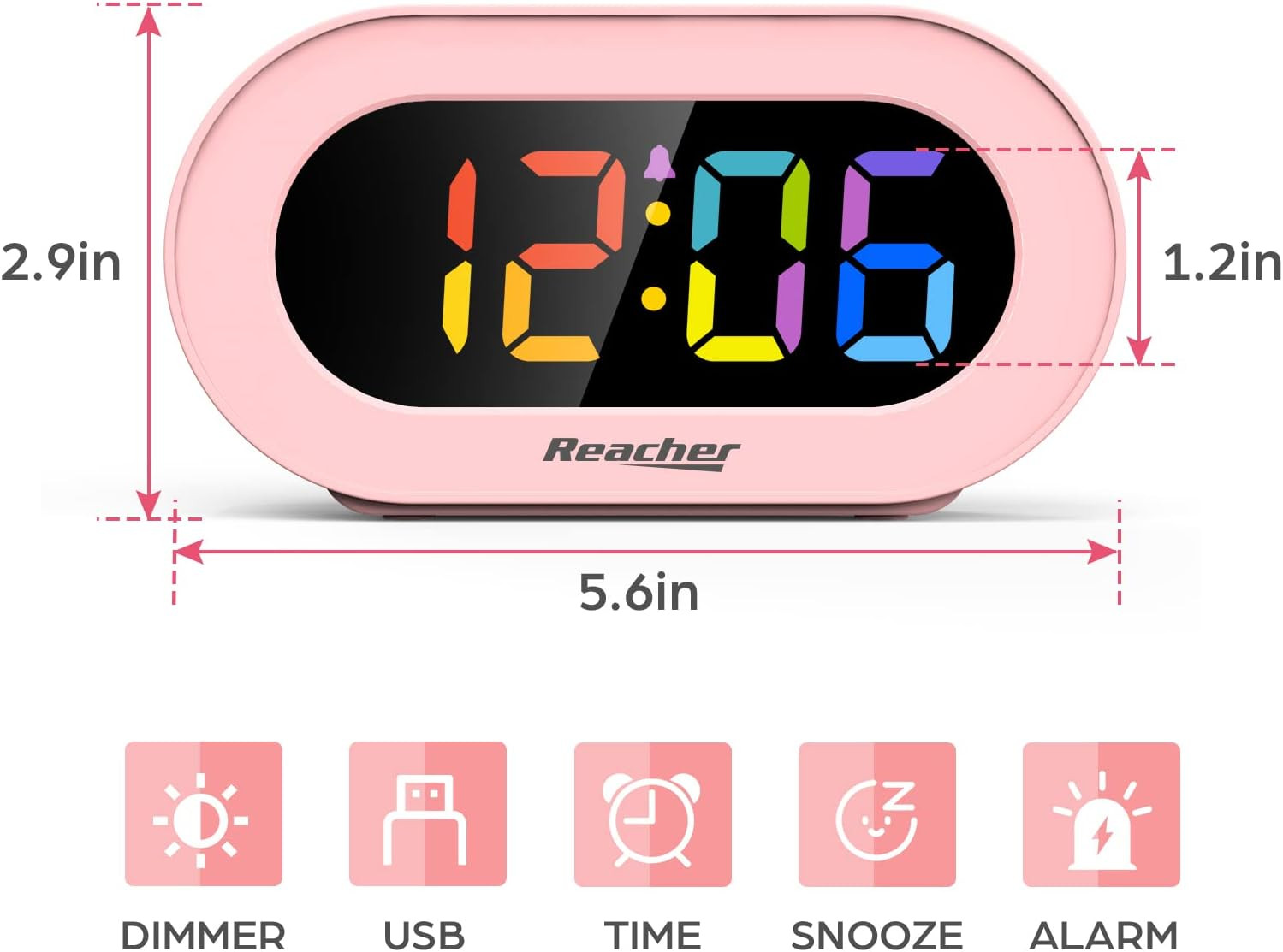 Pink Girls Alarm Clock LED Digital Display USB Charger Adjustable Volume Snooze