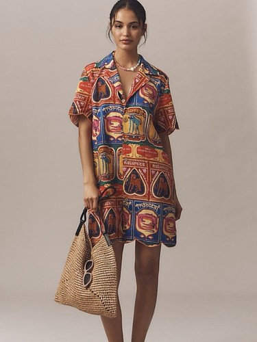 NWT Farm Rio for Anthropologie Scalloped Trim Linen Blend Shirt Mini Dress Red M