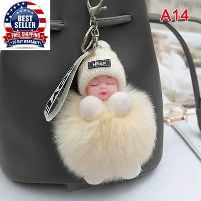Pompom Sleeping Baby Keychain Cute Fluffy Plush Doll Keyholder Women Girl Bags K