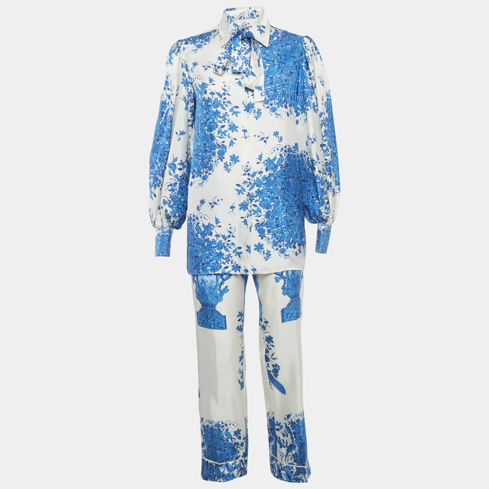 Valentino BlueWhite Floral Print Silk Blouse and Pants Set S