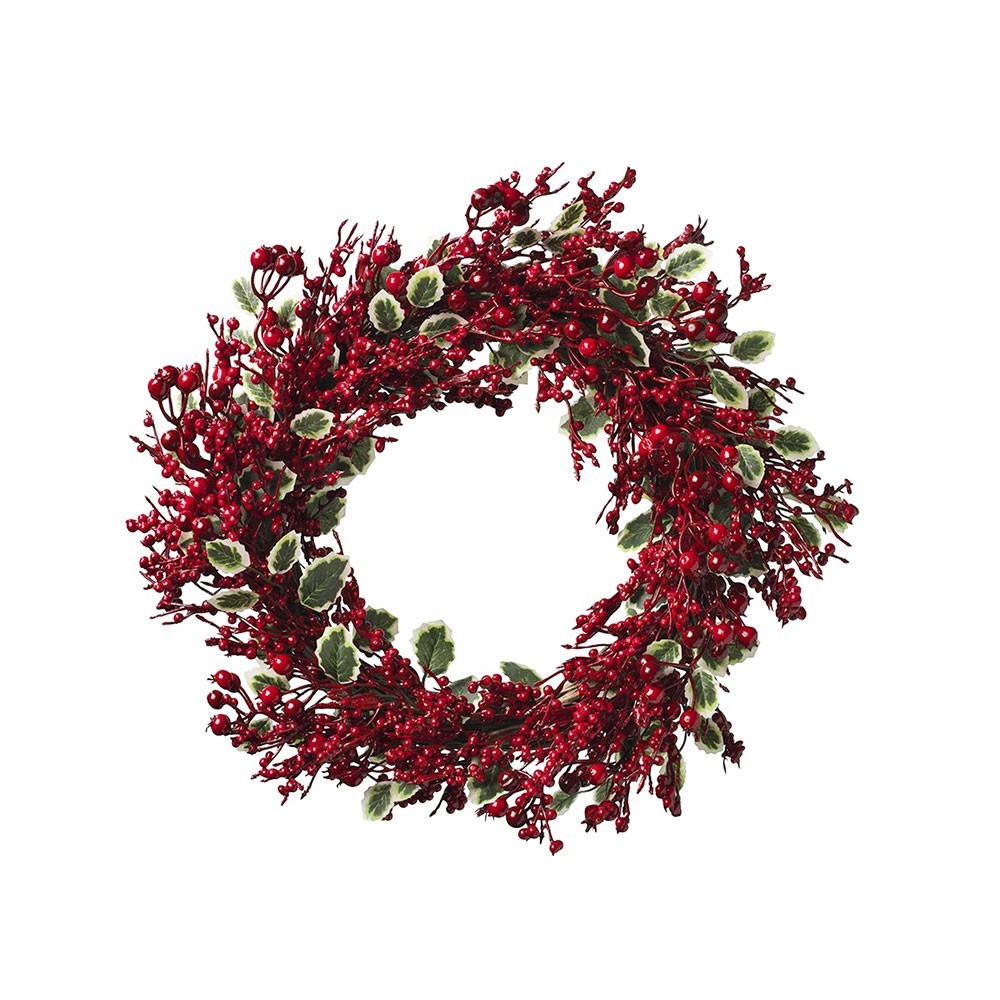 Artificial Variegated Holly and Red Berry Winter Wreath 40cm/16 Inches Diameter