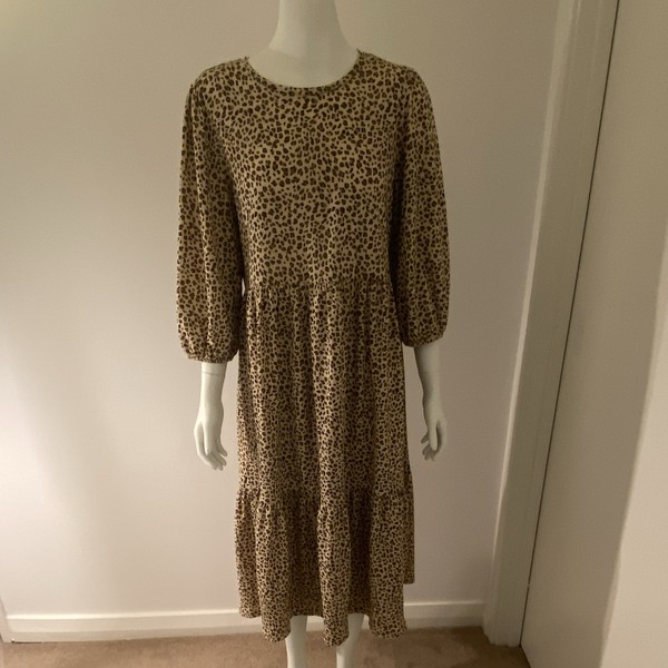 Sportsgirl Women’s Leopard Print Midi A-Line Dress S Round Neck 3/4 Balloon