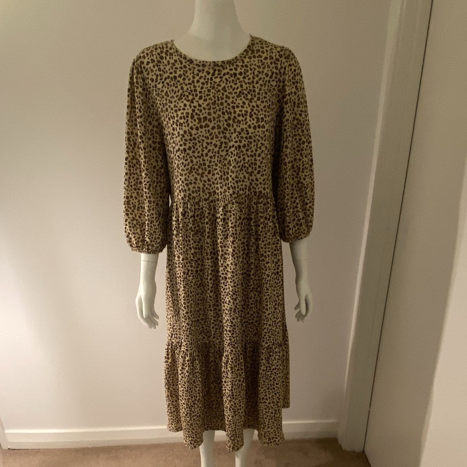 Sportsgirl Women’s Leopard Print Midi A-Line Dress S Round Neck 3/4 Balloon