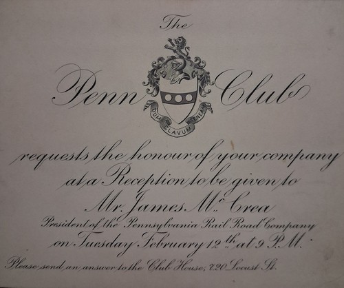 1900s Pennsylvania Railroad Company PRESIDENT James McCrea PENN CLUB Invitation