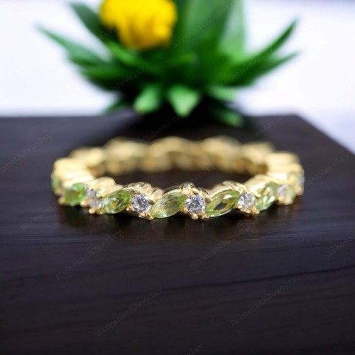 9k Solid Gold 3x1.5MM Marquise Shape Natural Peridot Ring Cubic Zirconia Ring - Picture 4 of 12