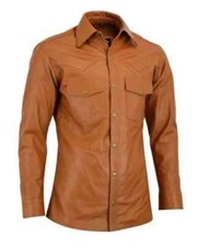 Men's Shirt Stylish New Tan Genuine Lambskin Leather Handmade Biker Motorcycle