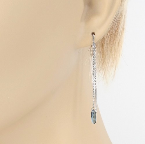 Gray Glass Bead Silver Ear Threads Threader Earrings Pair 4.25" Adjustable - Picture 2 of 5