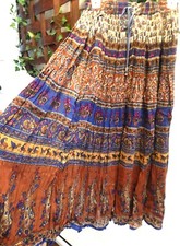 VTG 90's, Broomstick Skirt Boho Western Rust Blue Gold Crm. One Size Drawstring