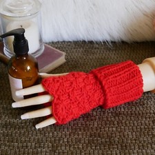 Fingerless Gloves with Double Cuffs, Women's Chunky Wool Knitted Gloves