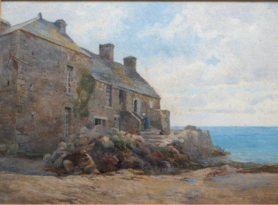 Spät 19. / Anfang 20. Jahrhundert Aquarell. Küstenszene. Ferienhaus, Figuren. Signiert