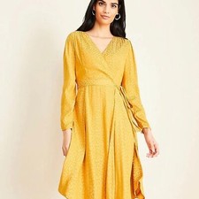 NWT Ann Taylor Cheetah Print Jacquard Faux Wrap V-neck Yellow Belted Dress 2