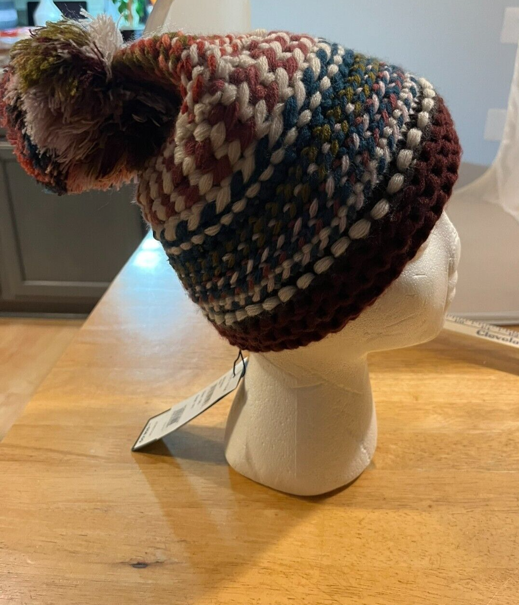BCBG Maxazaria Striped Knit Pom Pom Beanie Hat Ladies Purple Teal