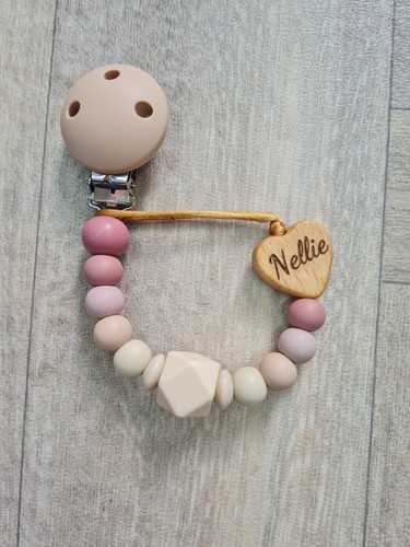 Personalisierter Silikon & Holz Dummy Clip beliebiger Name Schnullerband Schnuller Halter - Bild 3 von 14