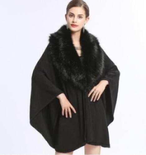 Faux Fox Fur Collar Loose Ladies Oversize Knitted Cape Poncho Western Overcoat - Picture 13 of 18
