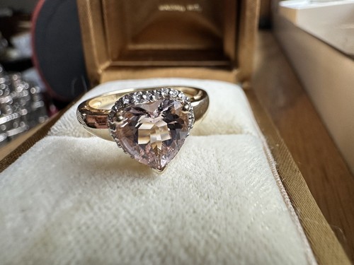 14K Gold Estate 24 Diamond 2.50ct Pink Morganite Heart Cushion Halo Ring 2.84 Gr - Picture 11 of 24