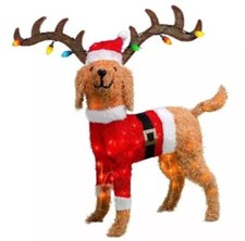 32  Tinsel Dog Goldendoodle w/ Antlers Light Up Yard Art Fuzzy Christmas Decor