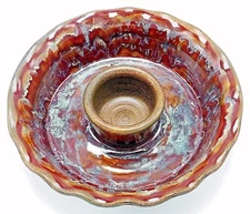 Studio Pottery Chip and Dip Bowl Server Drip Glaze 11" Red Maroon Brown Signed