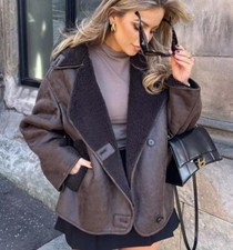 ZARA RARE DOUBLE-FACED BROWN FAUX SHEARLING LAPEL FUR COLLAR AVIATOR JACKET COAT
